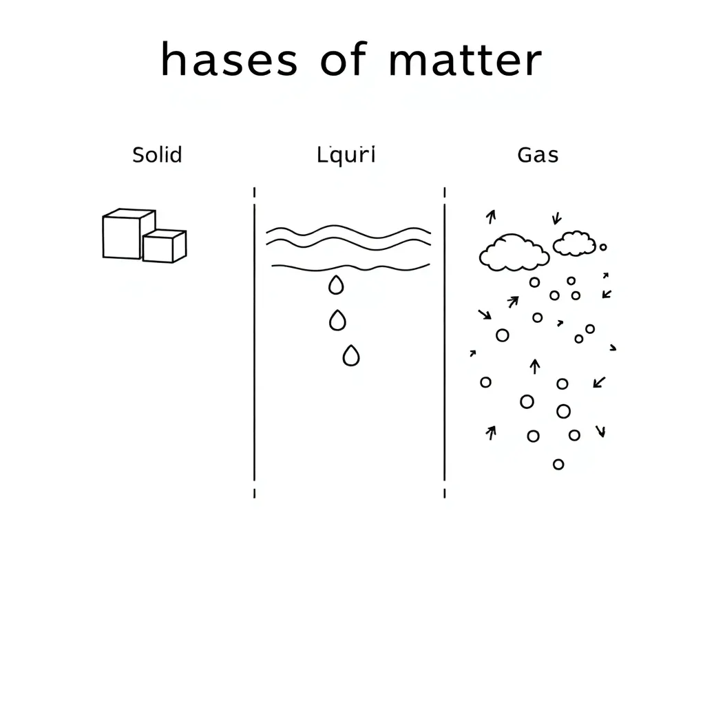Phases of matter diagram showing solid, liquid, and gas particles