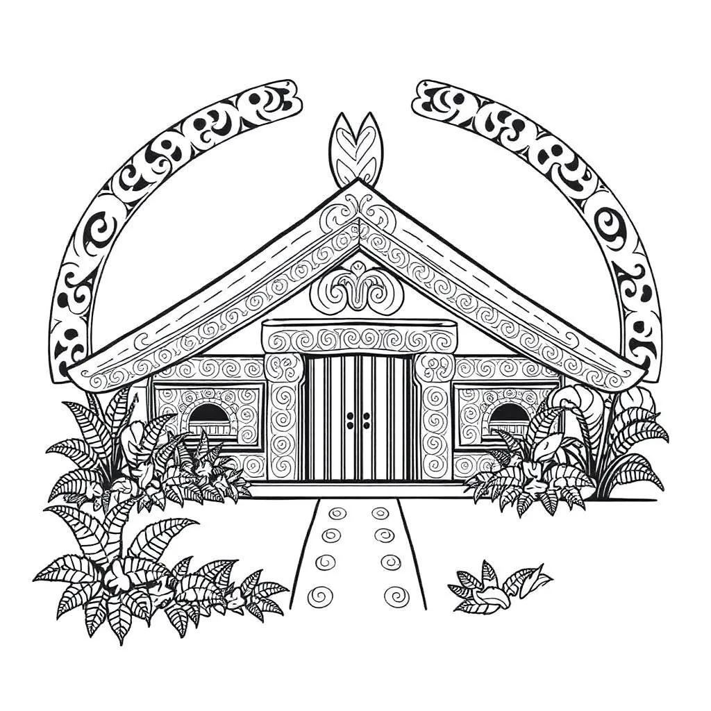 Marae buildings and courtyard illustration