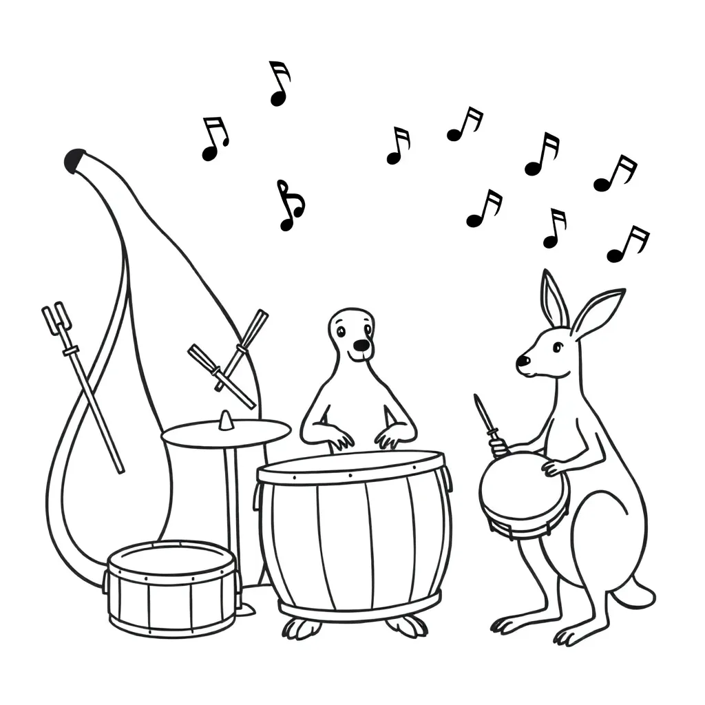Various percussion instruments including drums, tambourine, and maracas