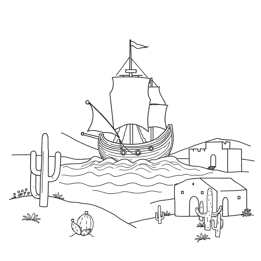 Spanish conquistador and Pueblo settlement illustration