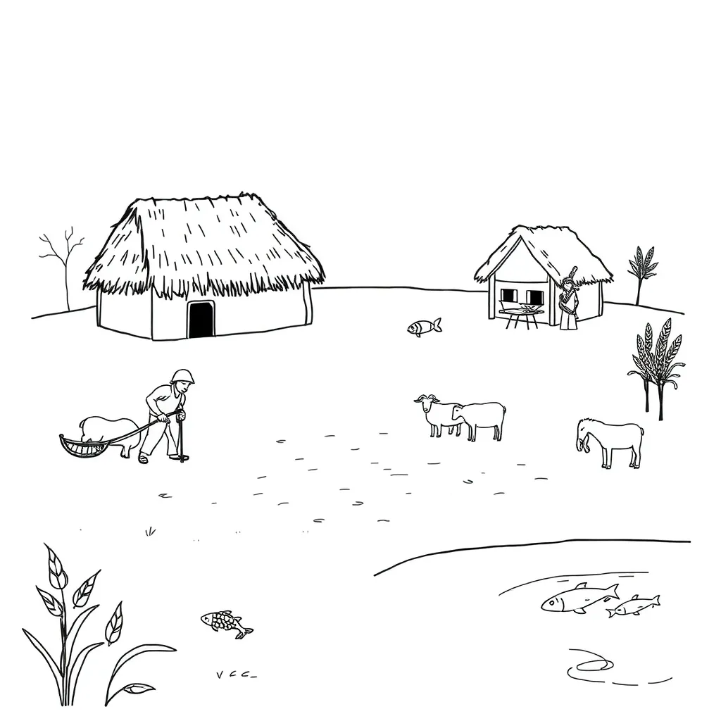 Ancient Mesopotamian ziggurat and farming scene