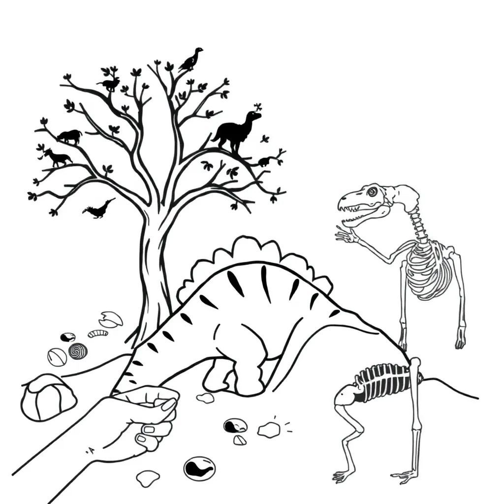 Fossil specimens and comparative anatomy charts showing evolutionary relationships