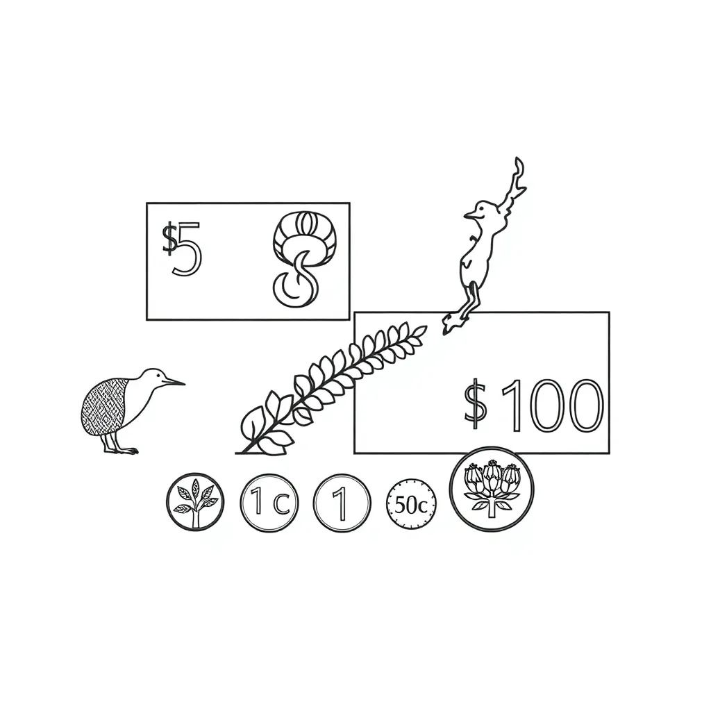 New Zealand coins and notes illustration