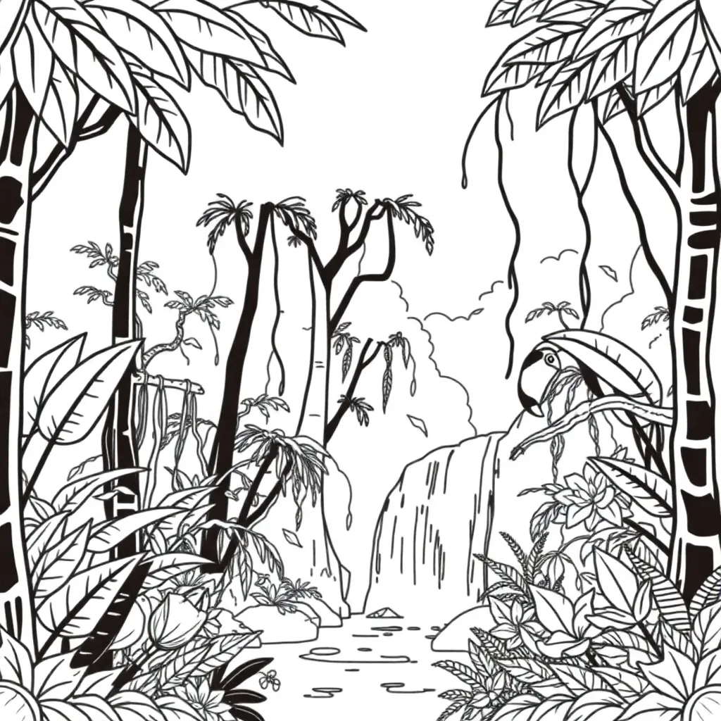 Tropical rainforest scene with dense vegetation and wildlife