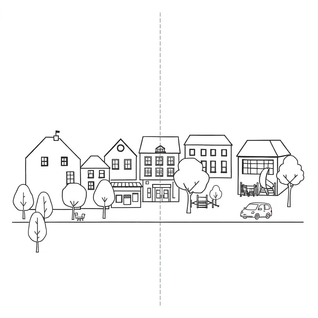 Coordinate grid with town buildings