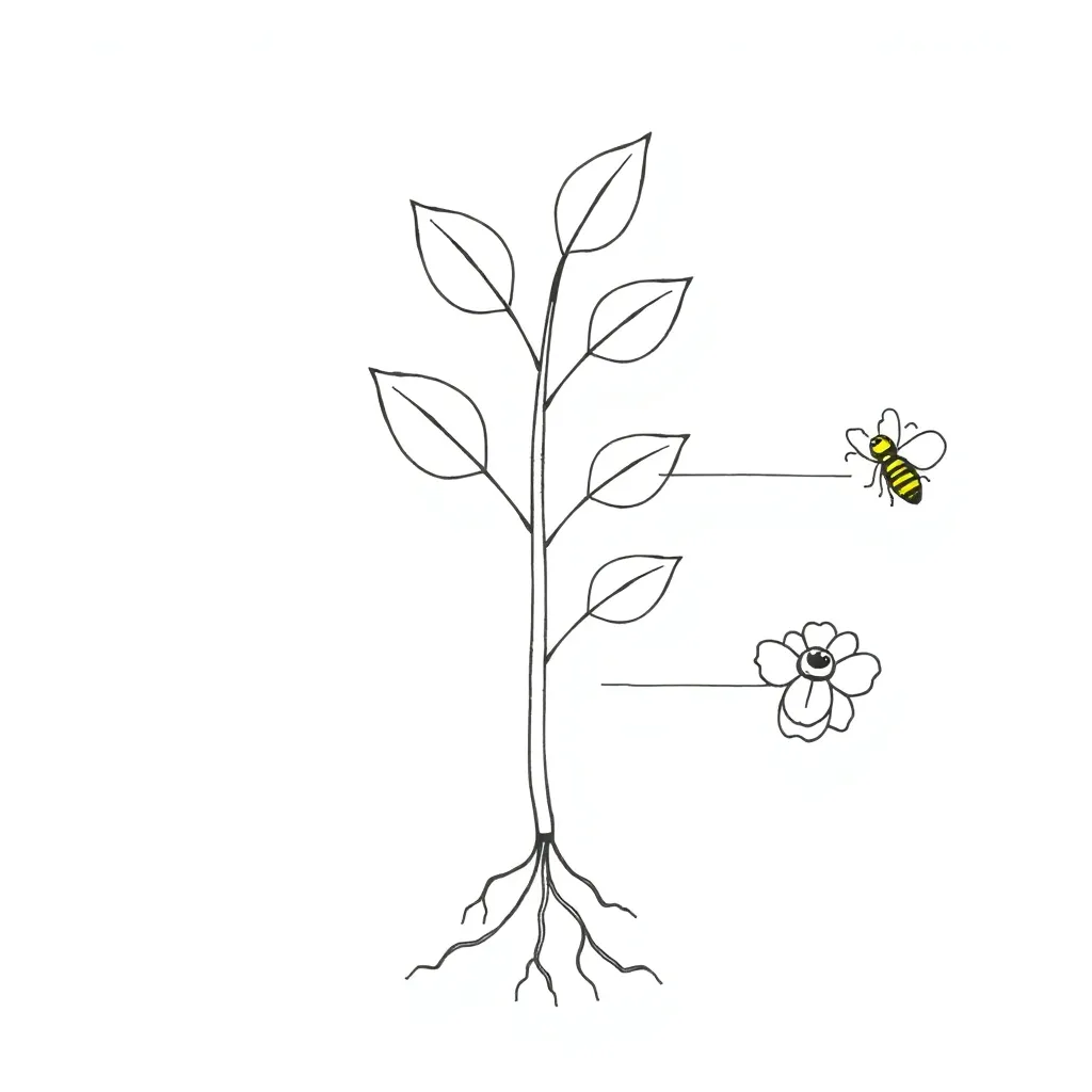 Plant diagram showing roots, stem, leaves, and flowers
