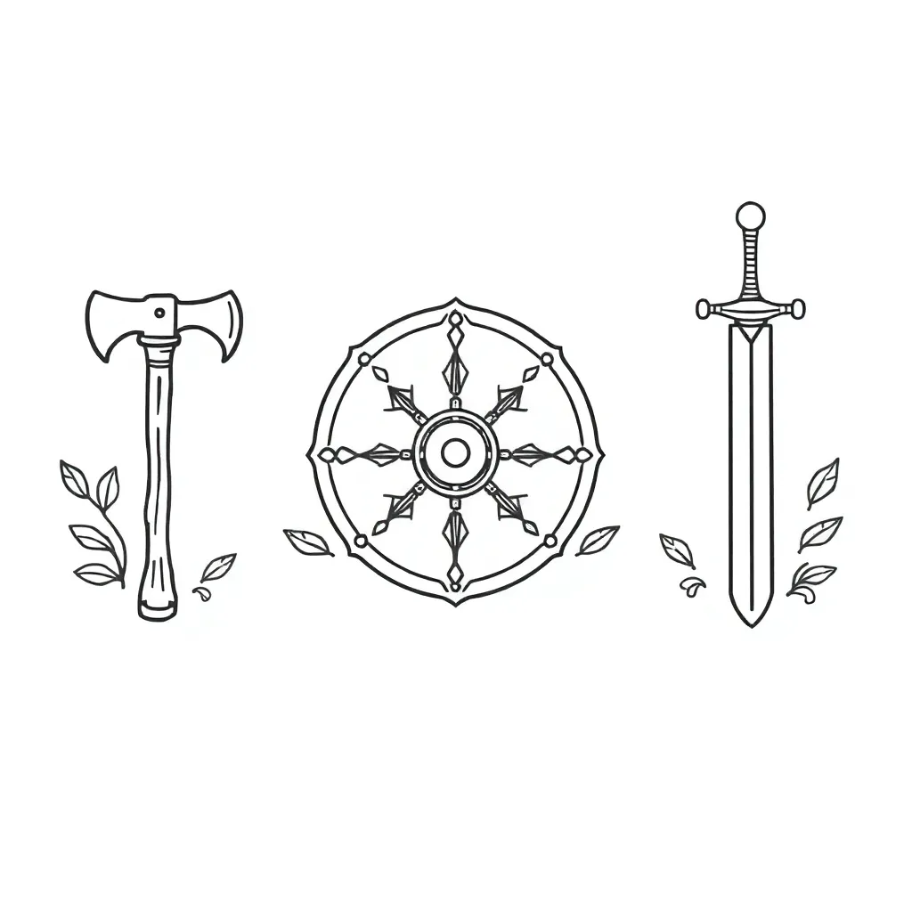 Iron Age hill fort and tools illustration