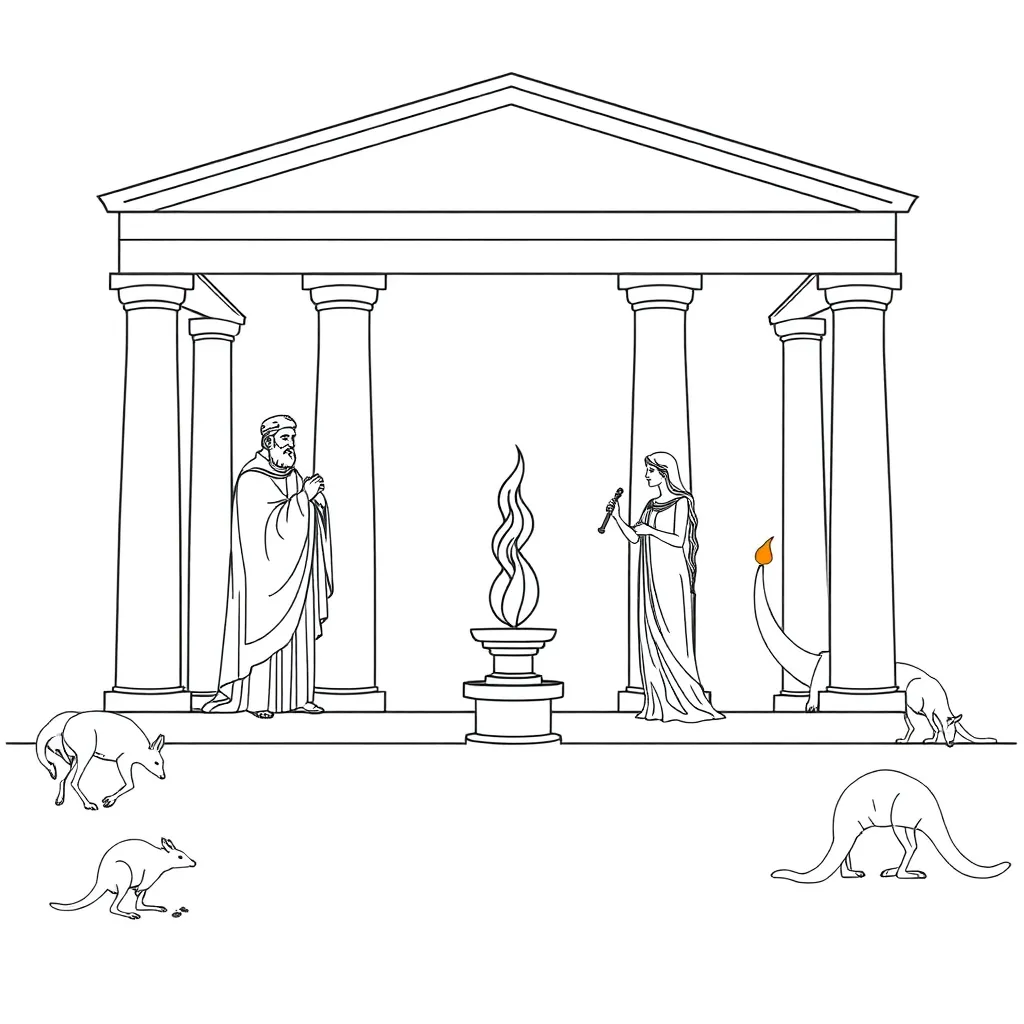 Ancient Roman temple with priests and vestal virgins