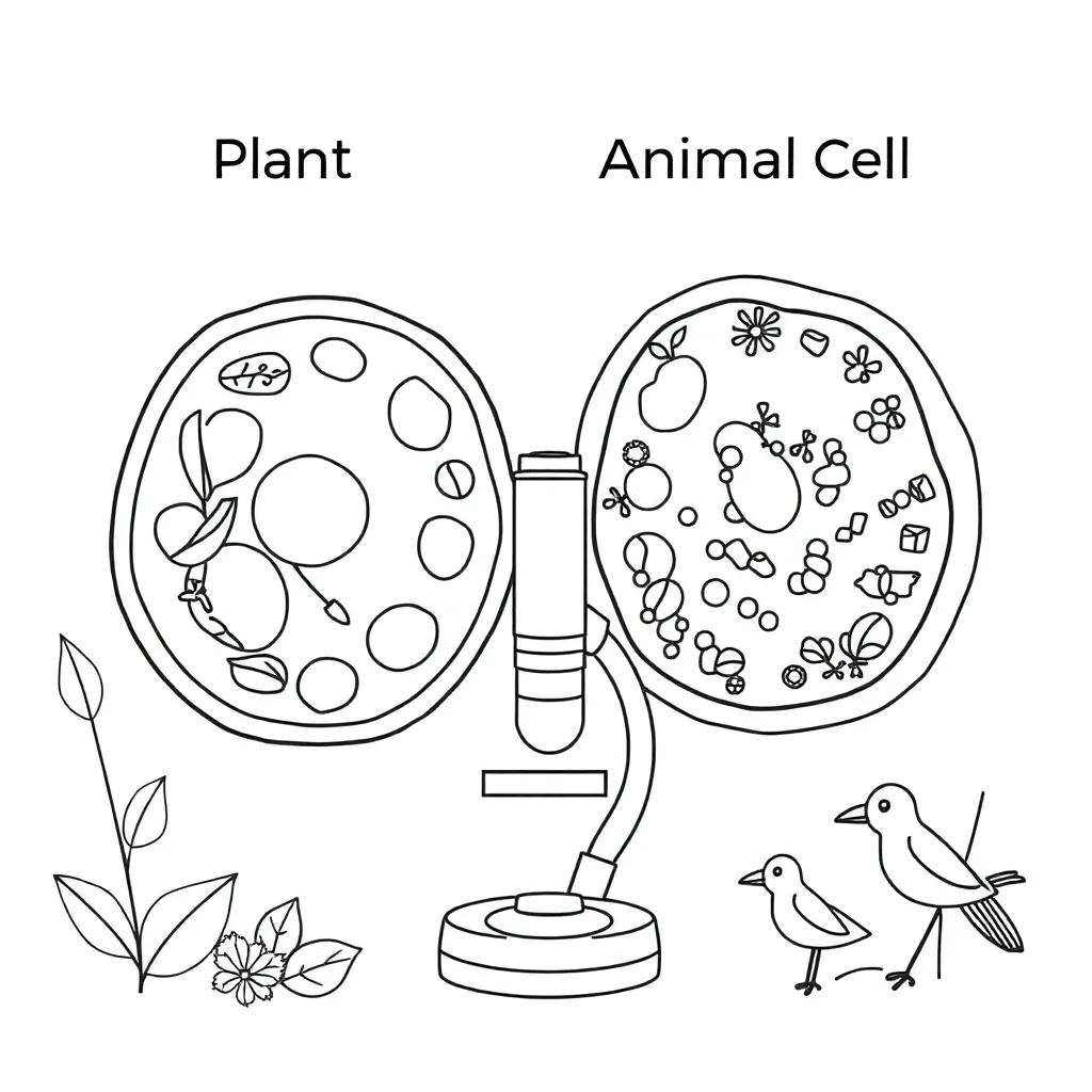 Plant and animal cells under microscope