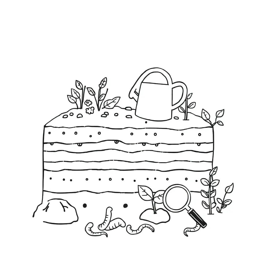 Cross-section of soil layers with plants growing