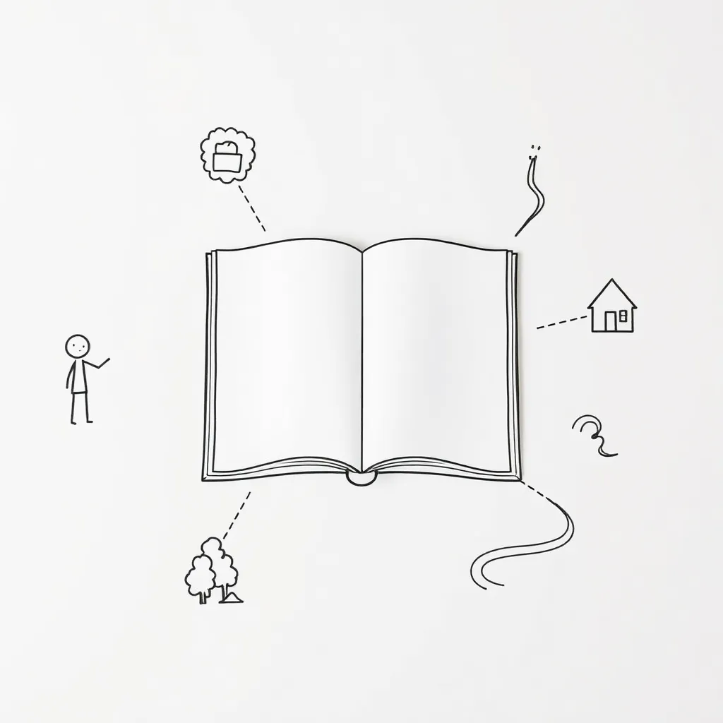 Story elements illustration with book and characters