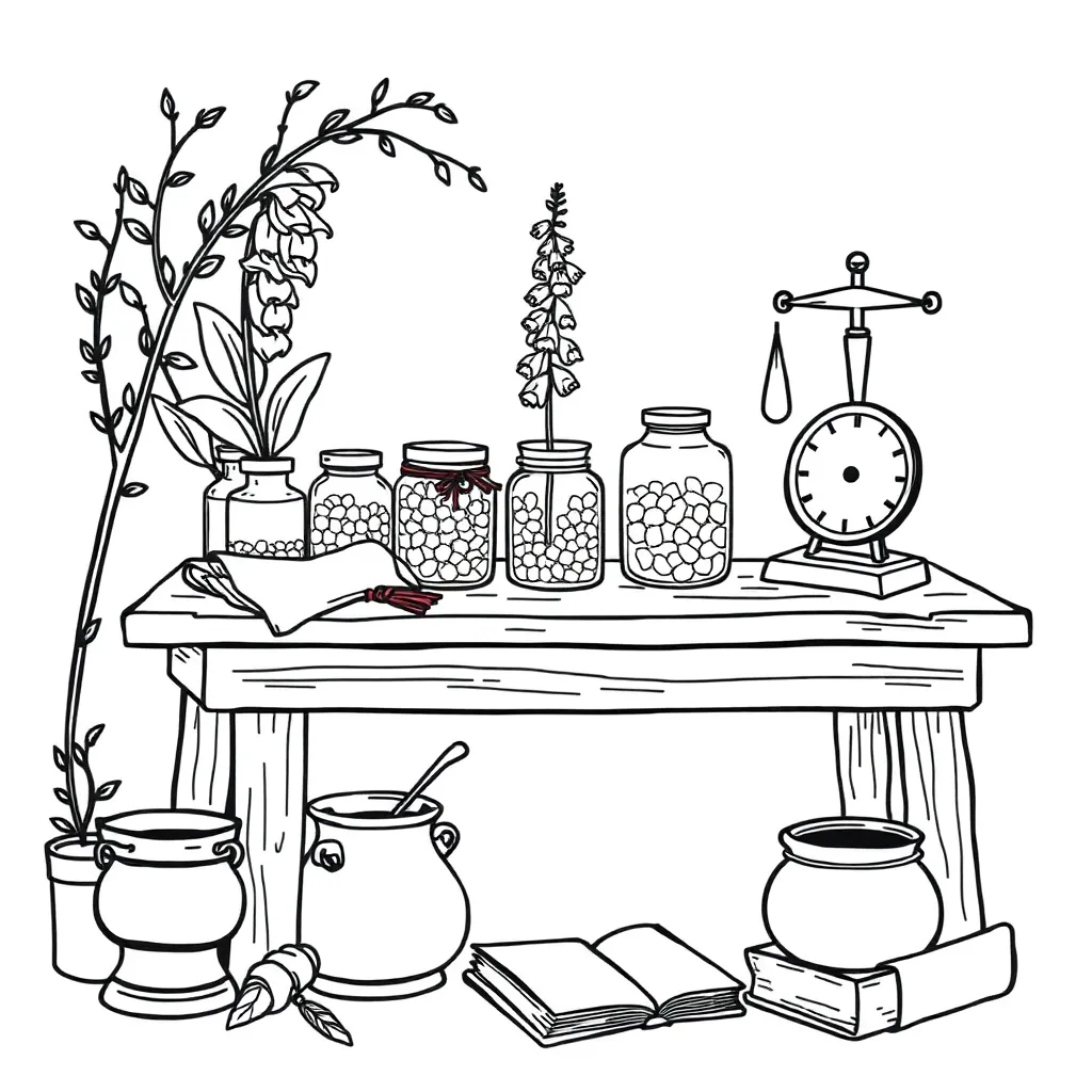 Medieval medicine tools and herbs