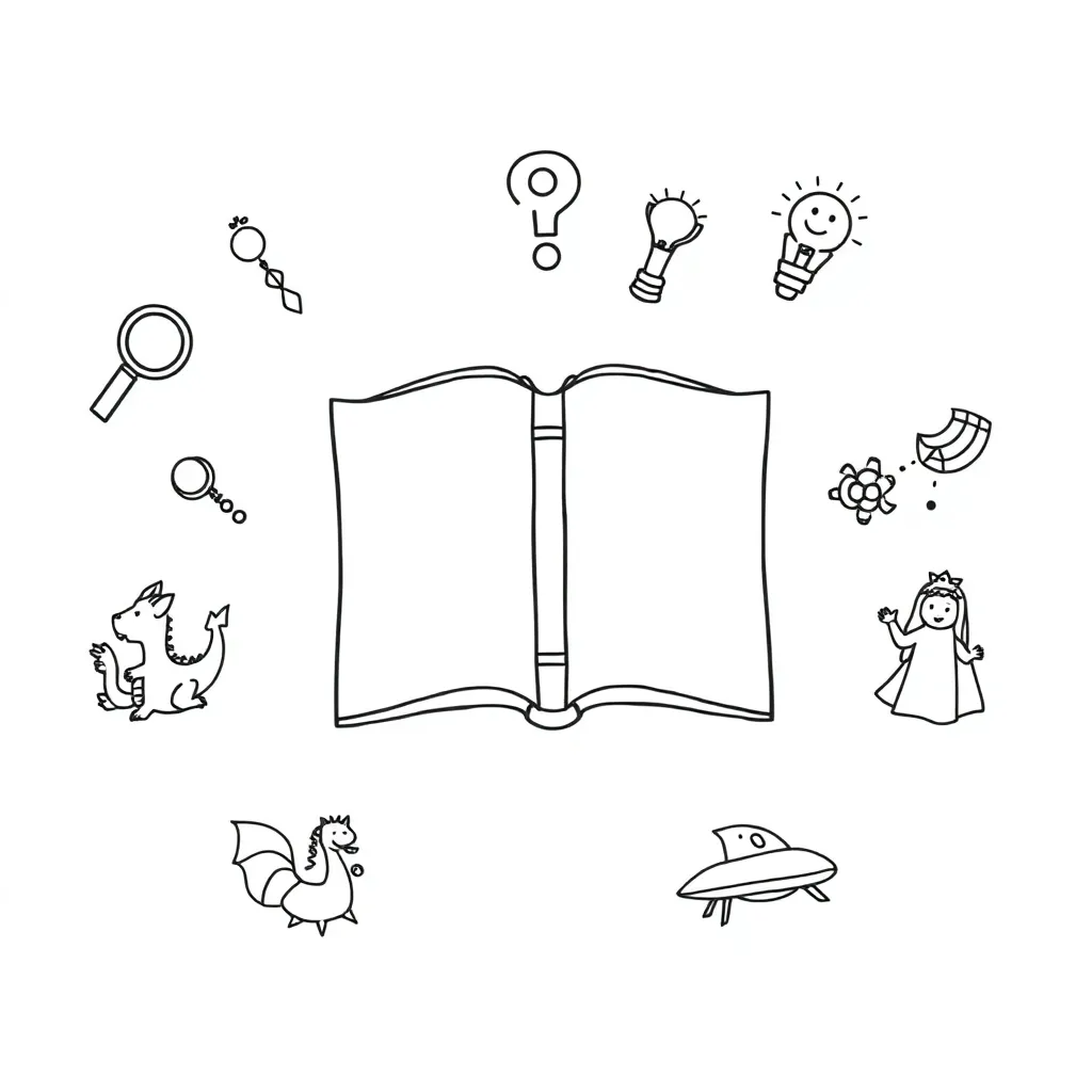 Child reading a book with question marks above their head