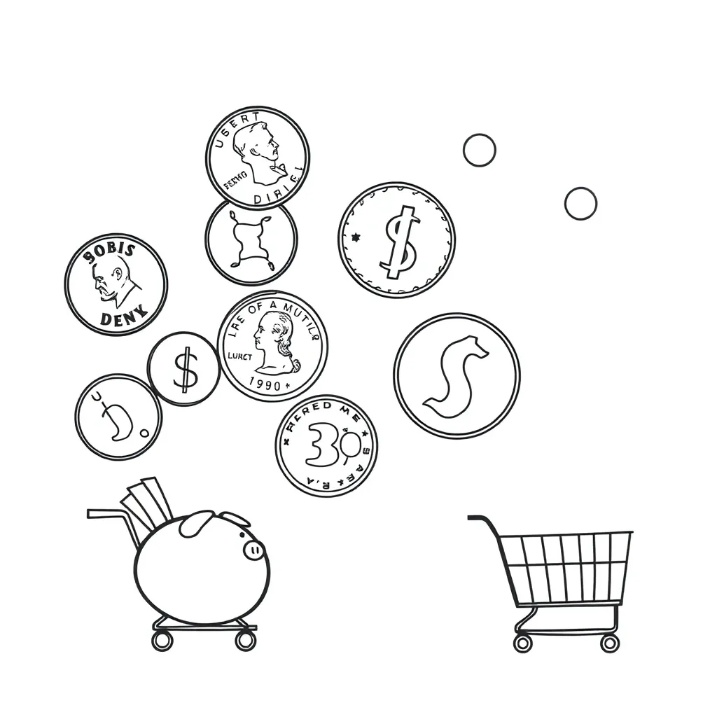 Coins and dollar bills illustration