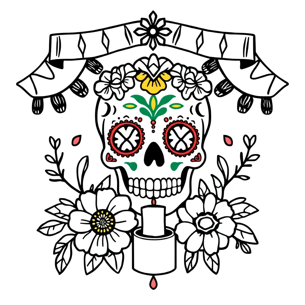 Day of the Dead celebration with colorful skulls and marigolds
