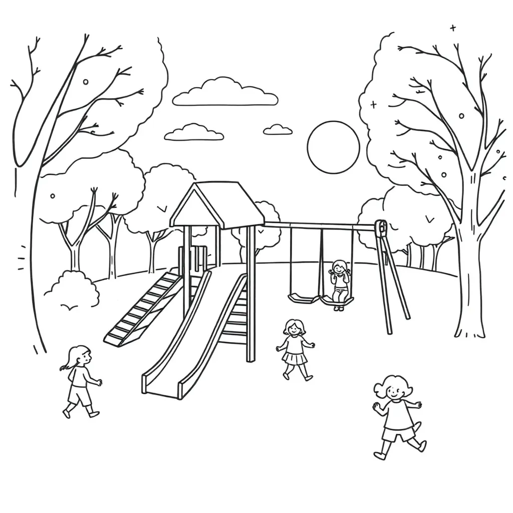 Children playing on a colourful playground with swings and slides