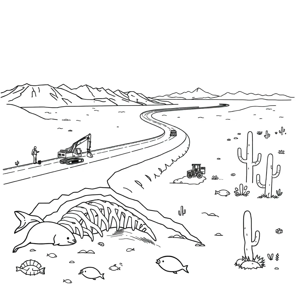 Fossil whale skeleton in desert ground