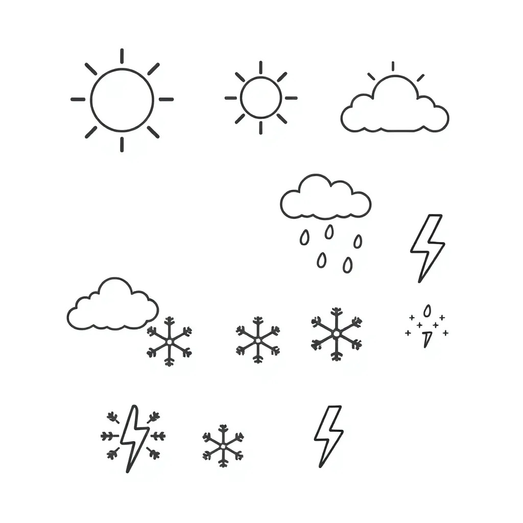 Weather symbols including sun, clouds, rain, and snow