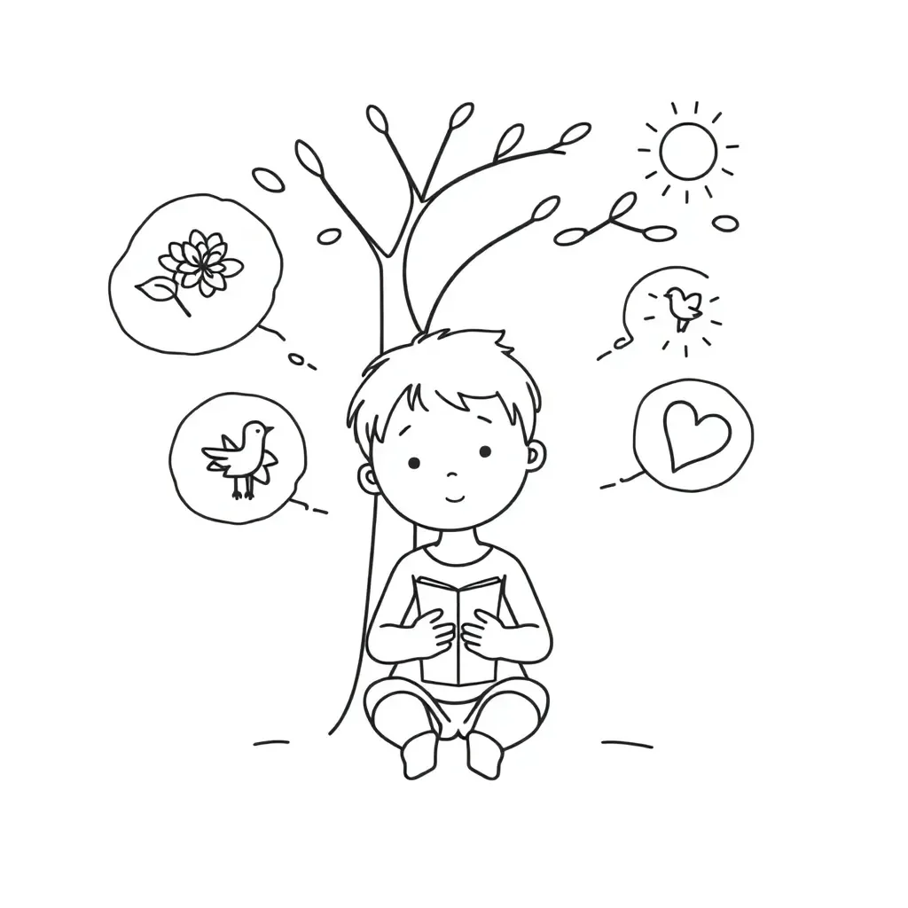 Child writing in a journal with thought bubbles showing small moments