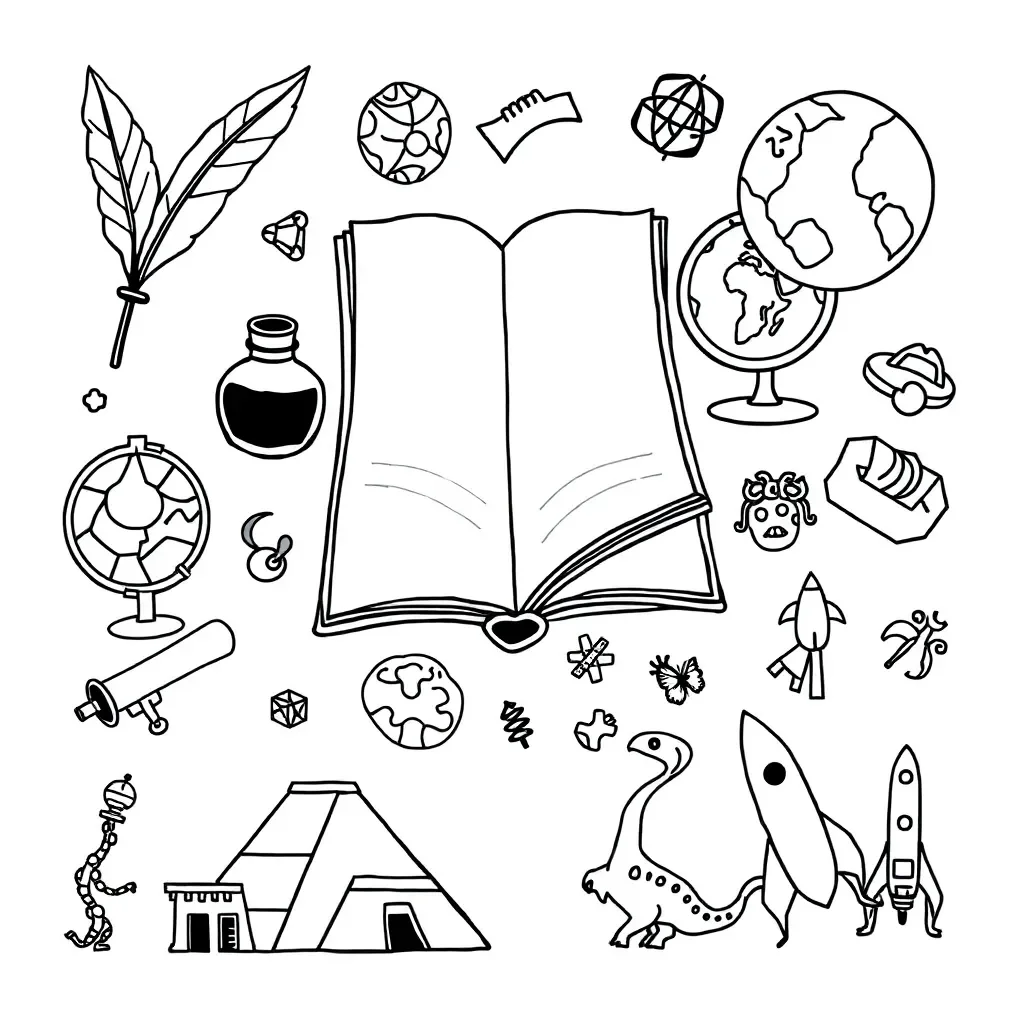 Creative writing illustration with pen, paper, and imagination symbols