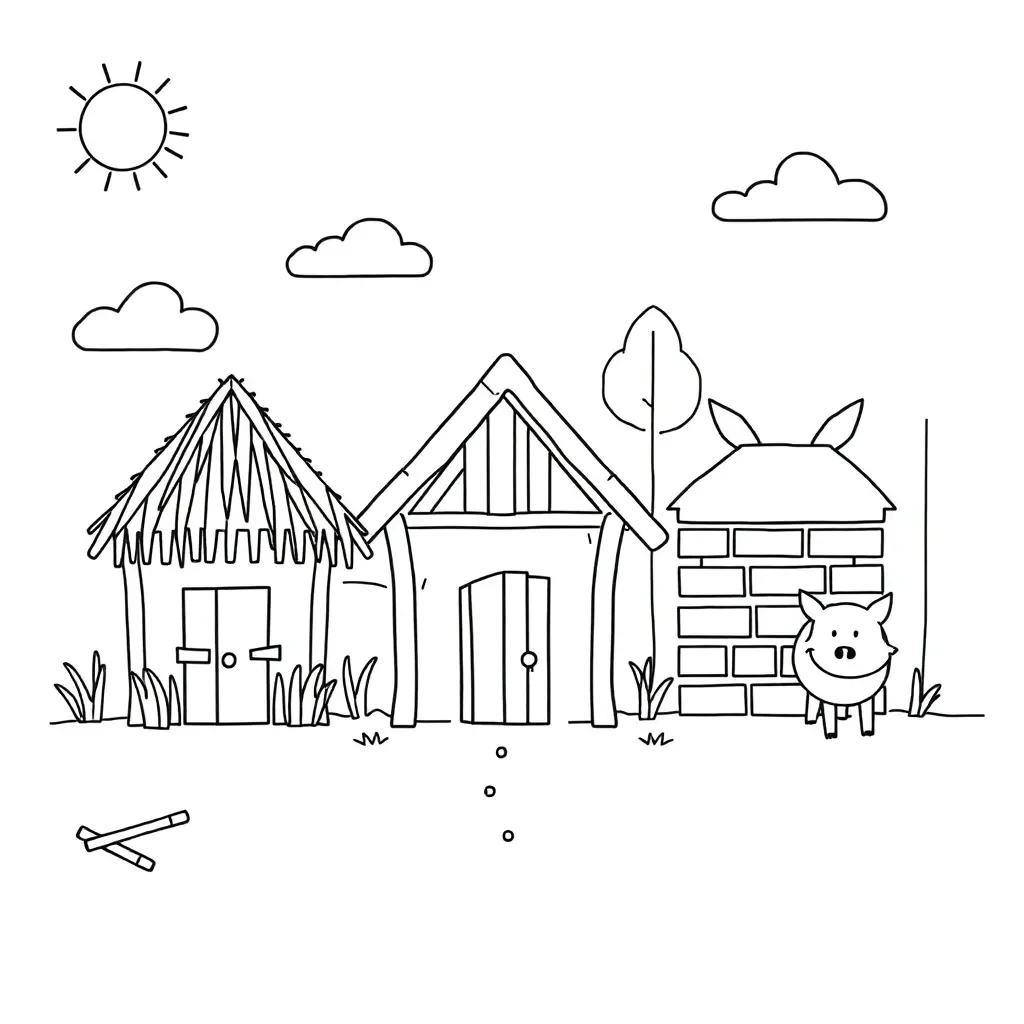 Three little pigs houses made from different materials