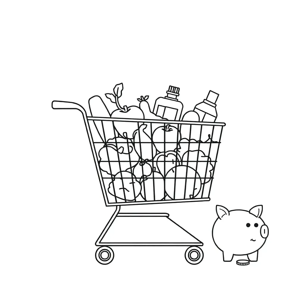 Shopping cart with money and groceries