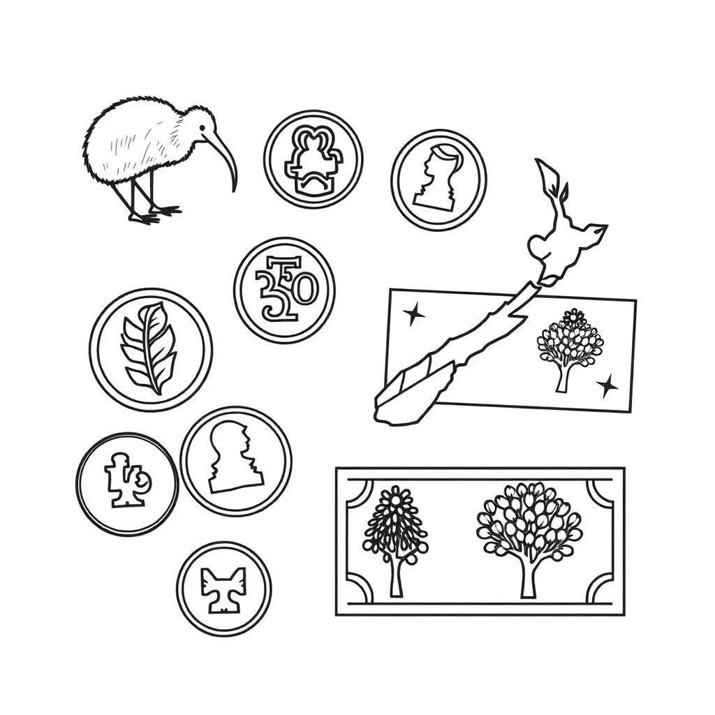 New Zealand coins and notes illustration