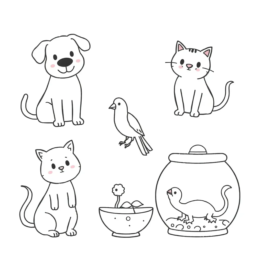 Various pets including dogs, cats, birds, fish and reptiles
