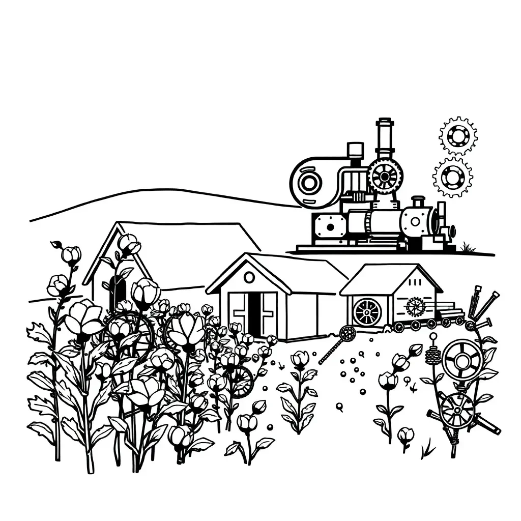 Cotton field and factory illustration