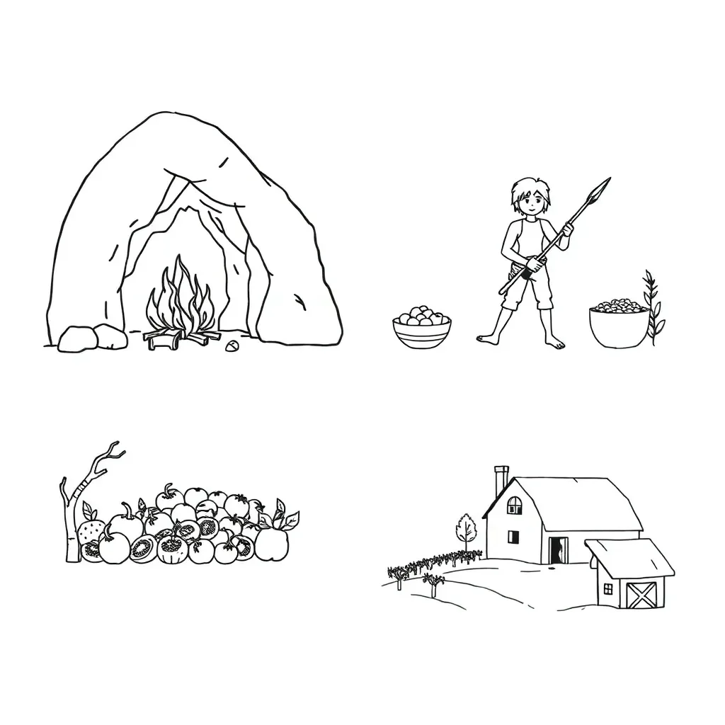 Ancient stone tools and cave painting illustration