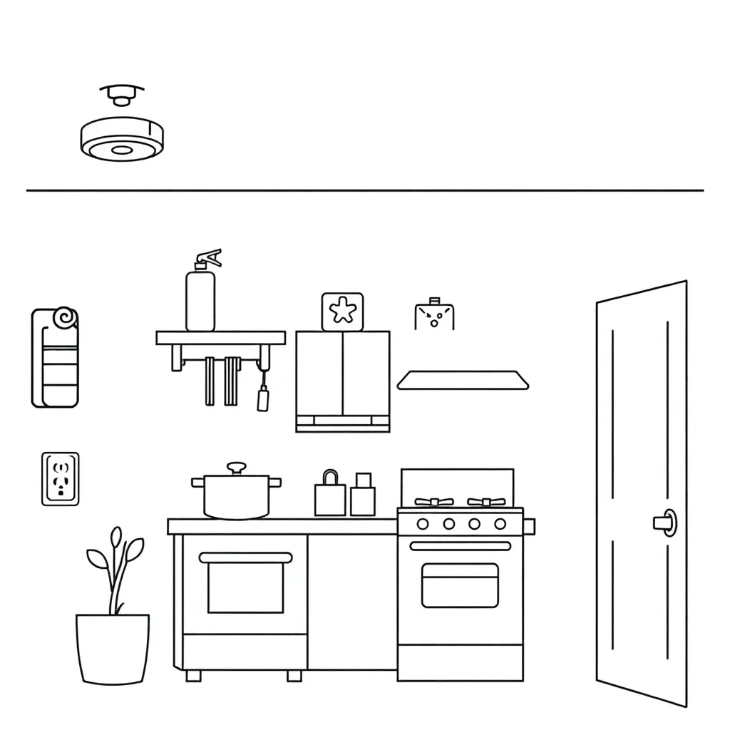 Home safety illustration showing fire extinguisher and safety equipment