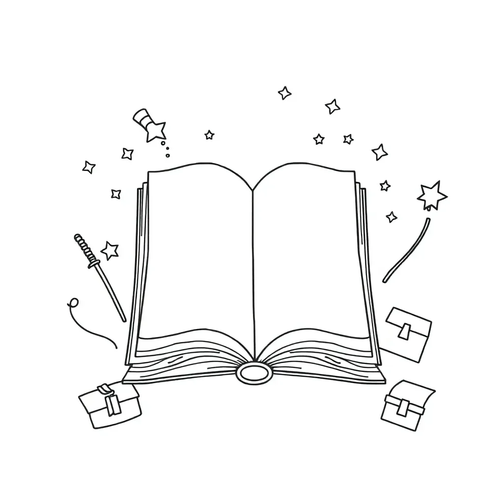 Story map with question marks and book illustration