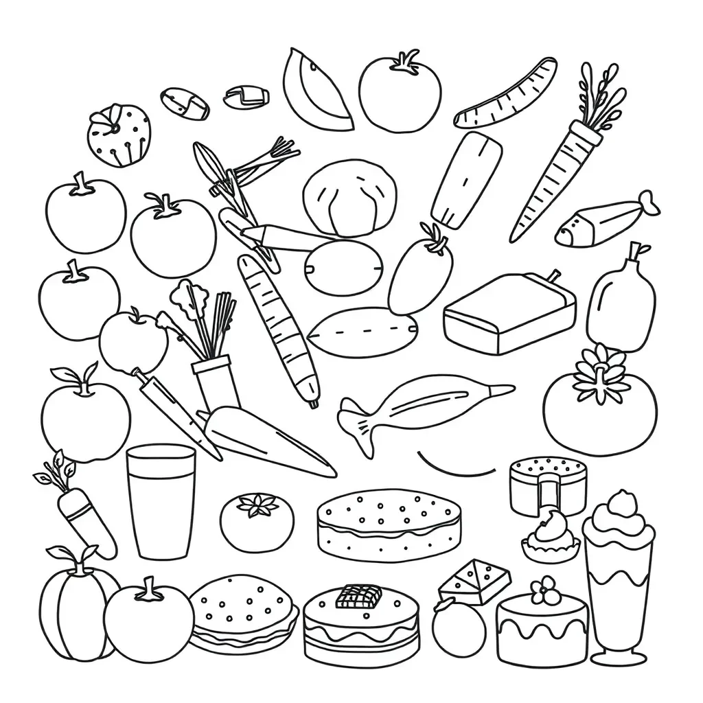 Colourful food categories illustration with fruits, vegetables, meat, and drinks