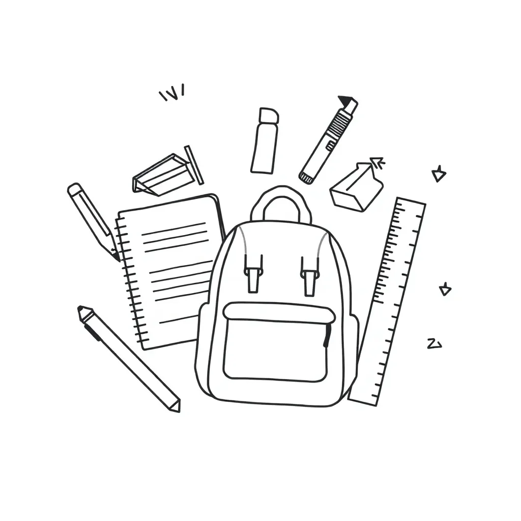 School supplies and past tense verbs illustration