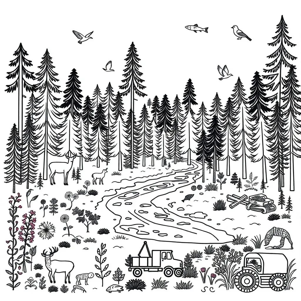 Forest ecosystem with animals and plants
