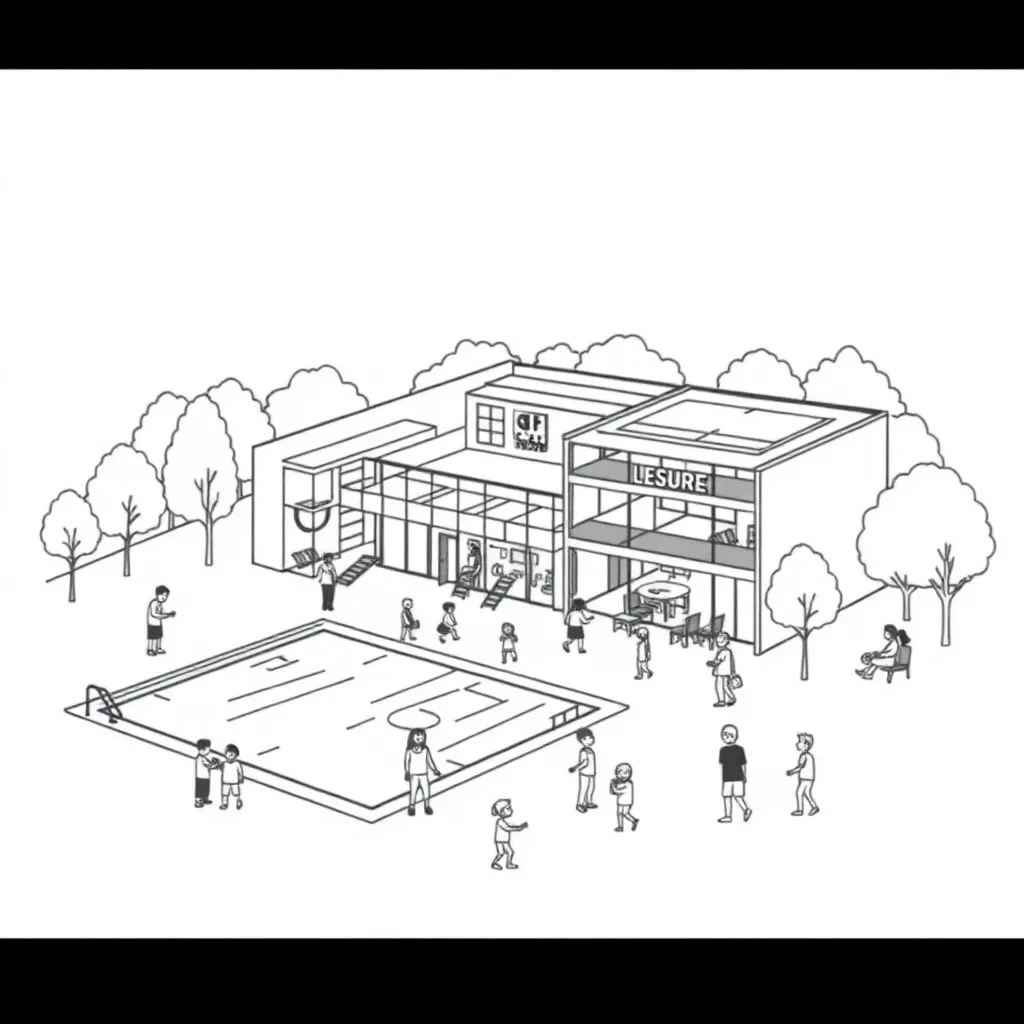 Modern leisure centre with swimming pool and sports facilities