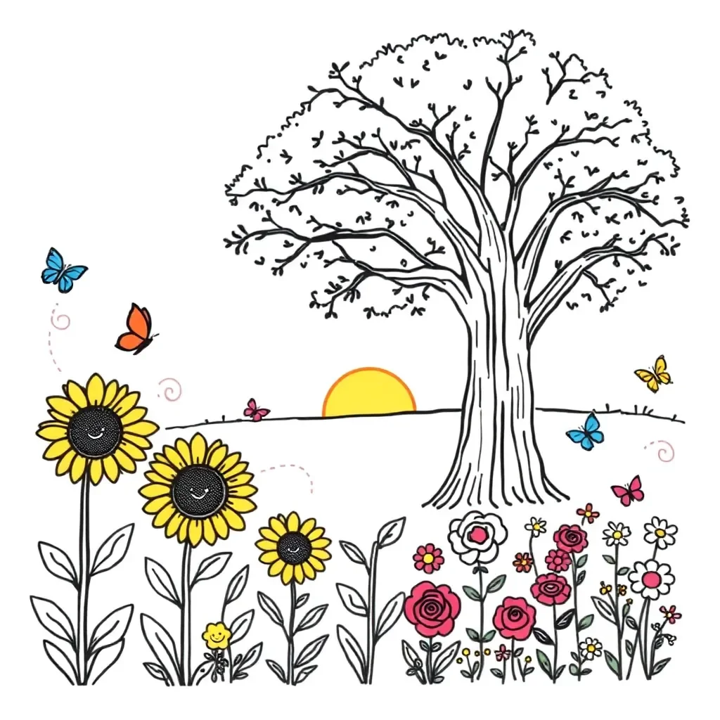 Magical garden with flowers and butterflies