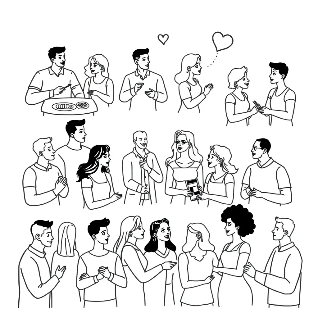 Historical illustration showing men and women in different time periods