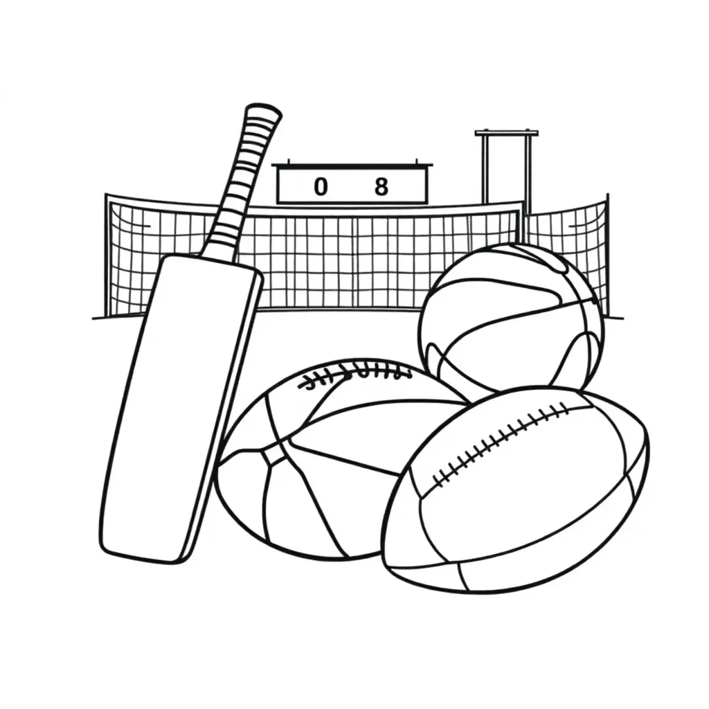 Sports equipment and scoreboard illustration