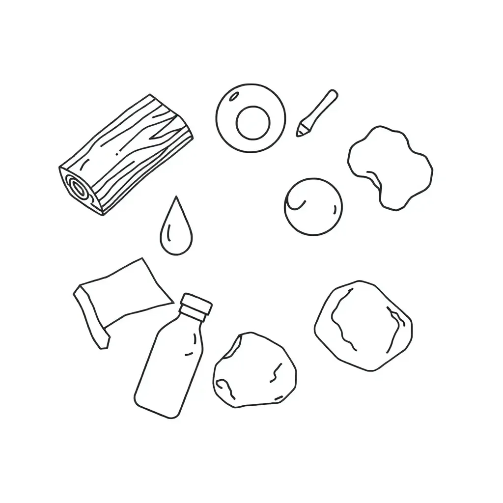 Various materials including wood, metal, water, and fabric