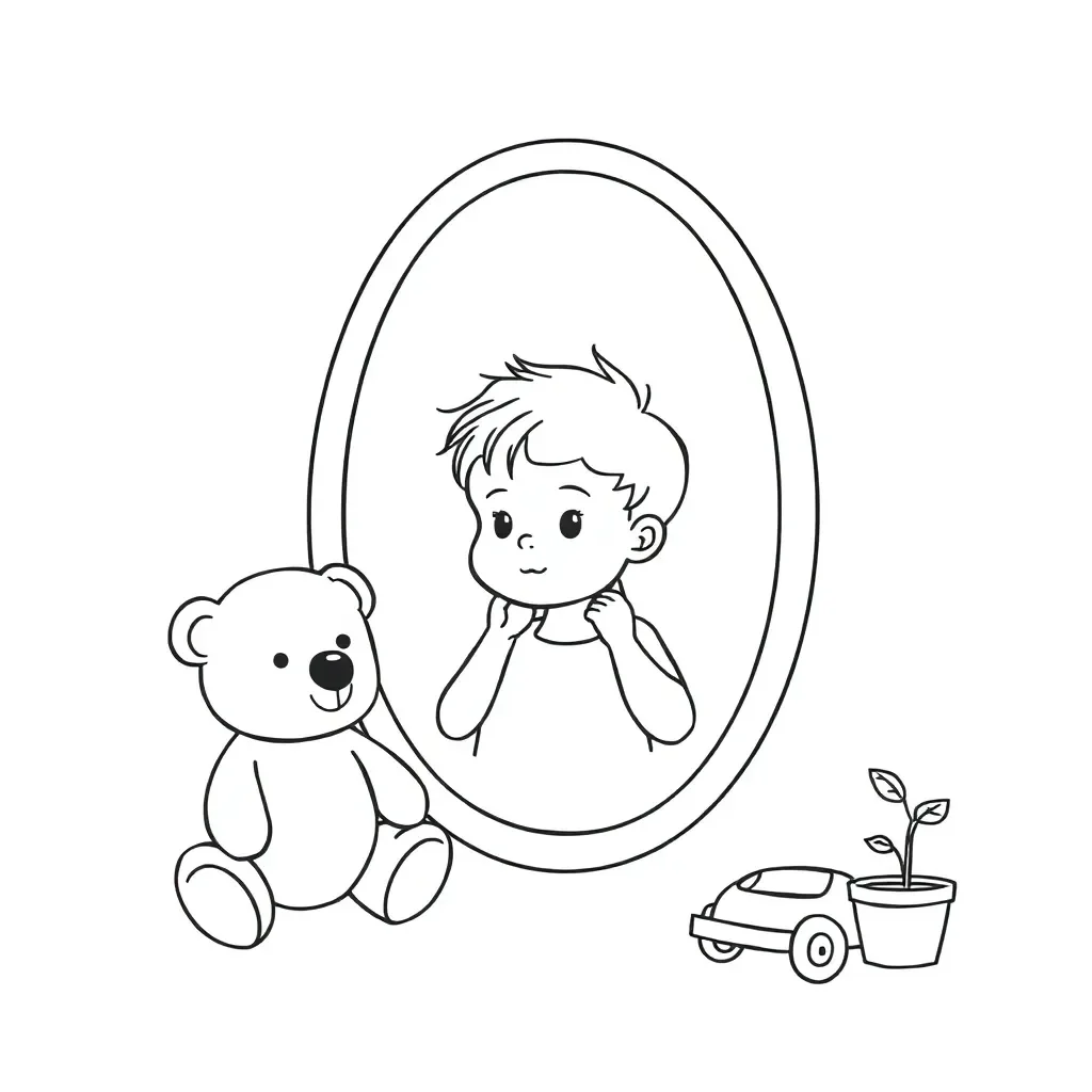 Child pointing to themselves with speech bubble showing 'I'