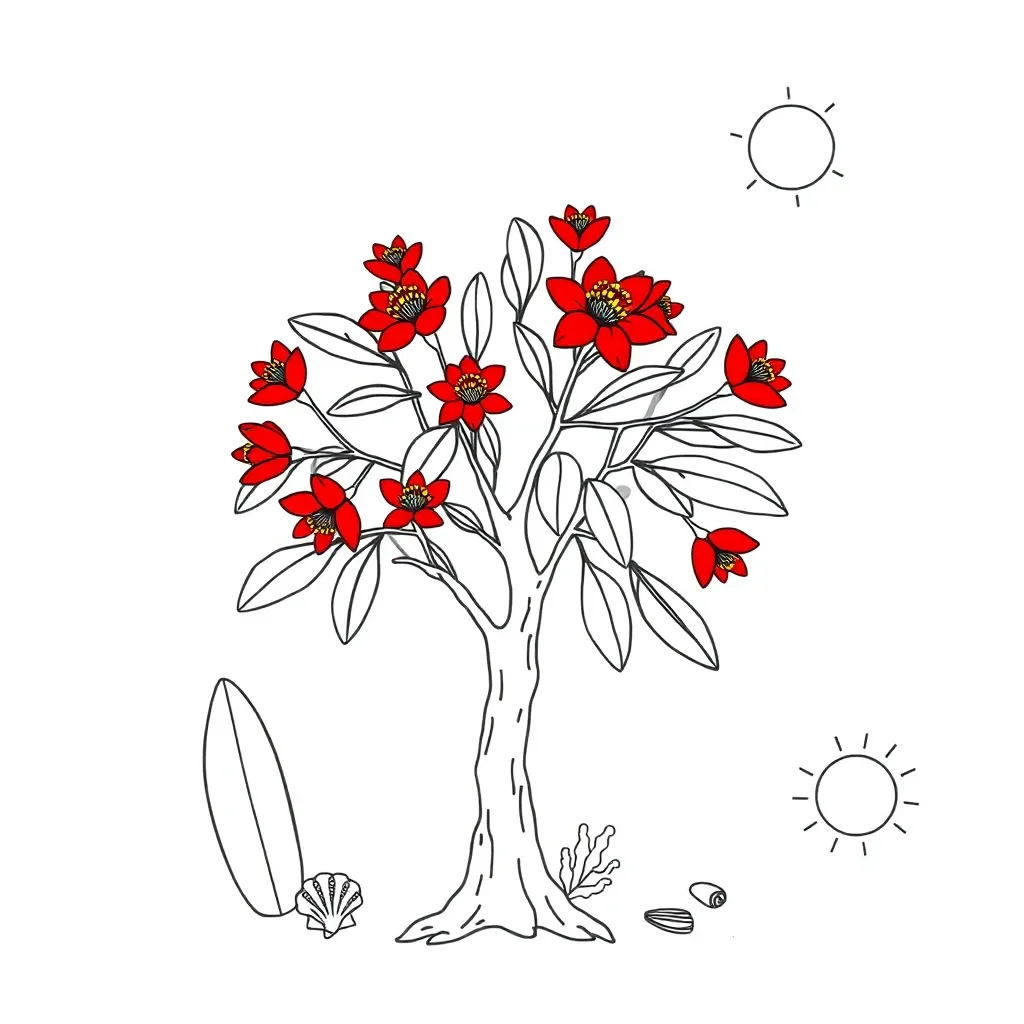 Pohutukawa tree with red flowers