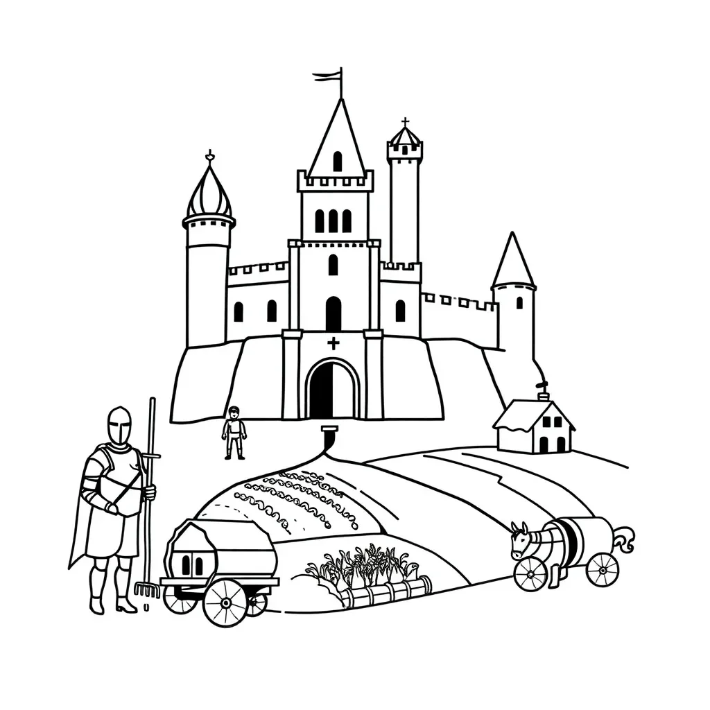 Medieval castle and feudal system illustration