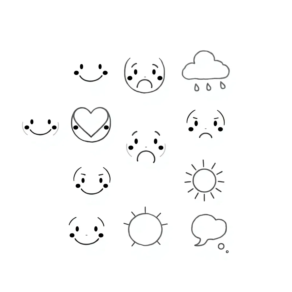 Child writing with emotional expressions around them