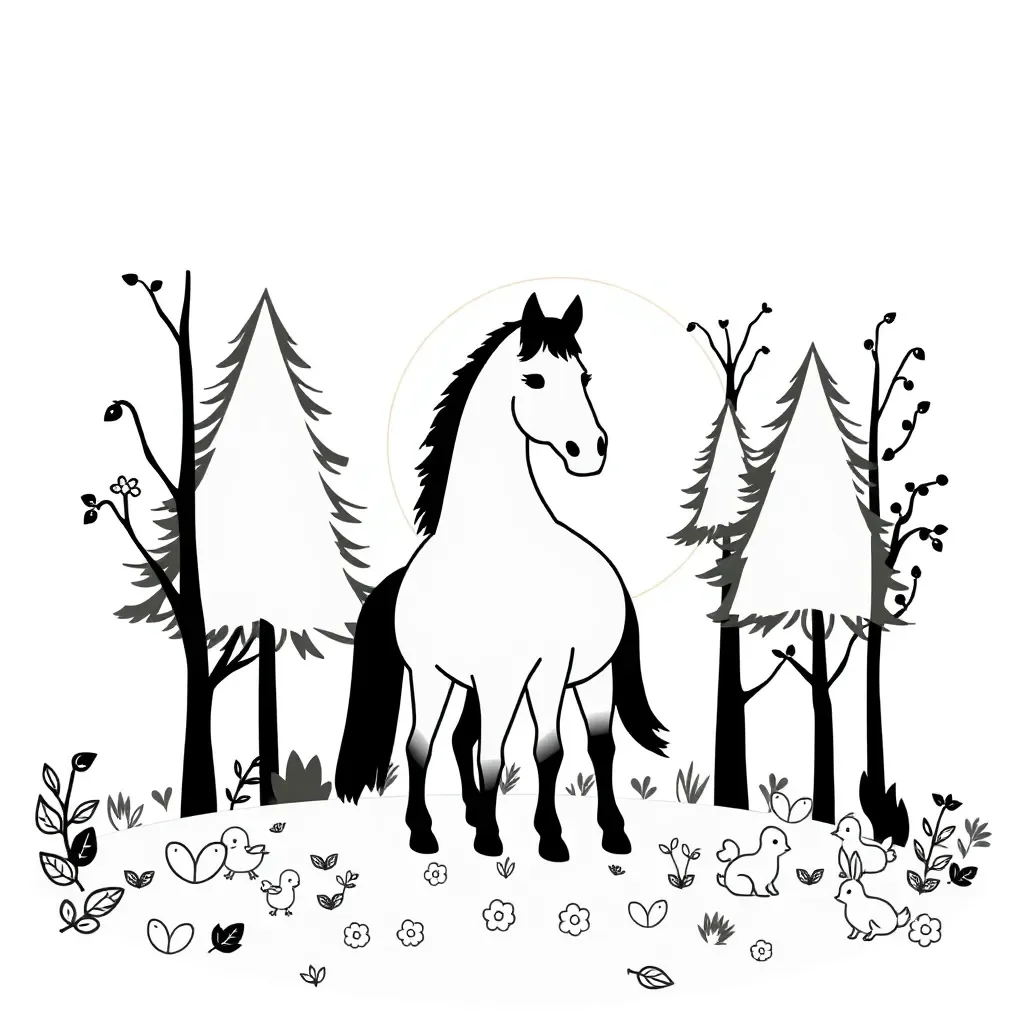 Forest sunset with horses and animals