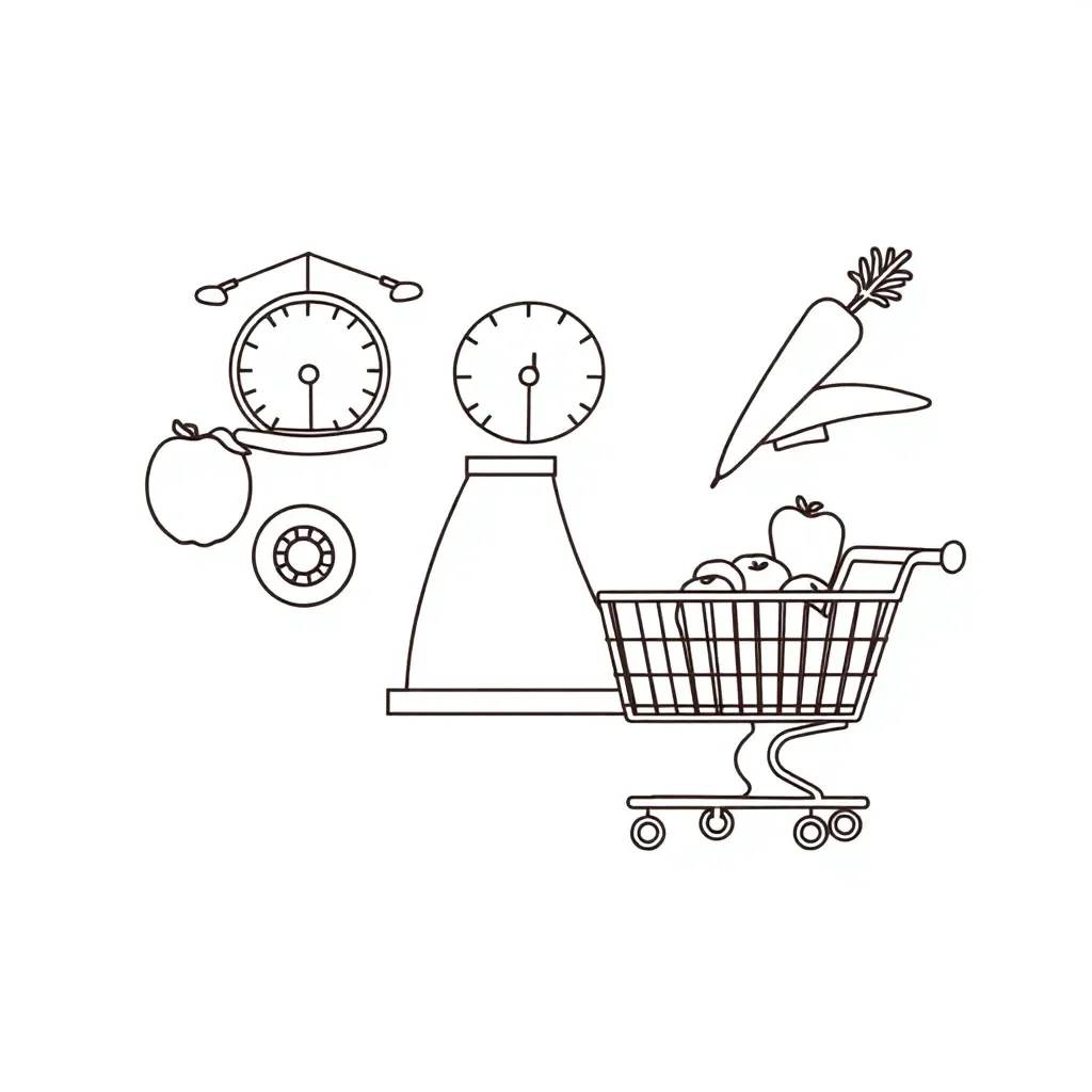 Shopping scales with fruits and vegetables
