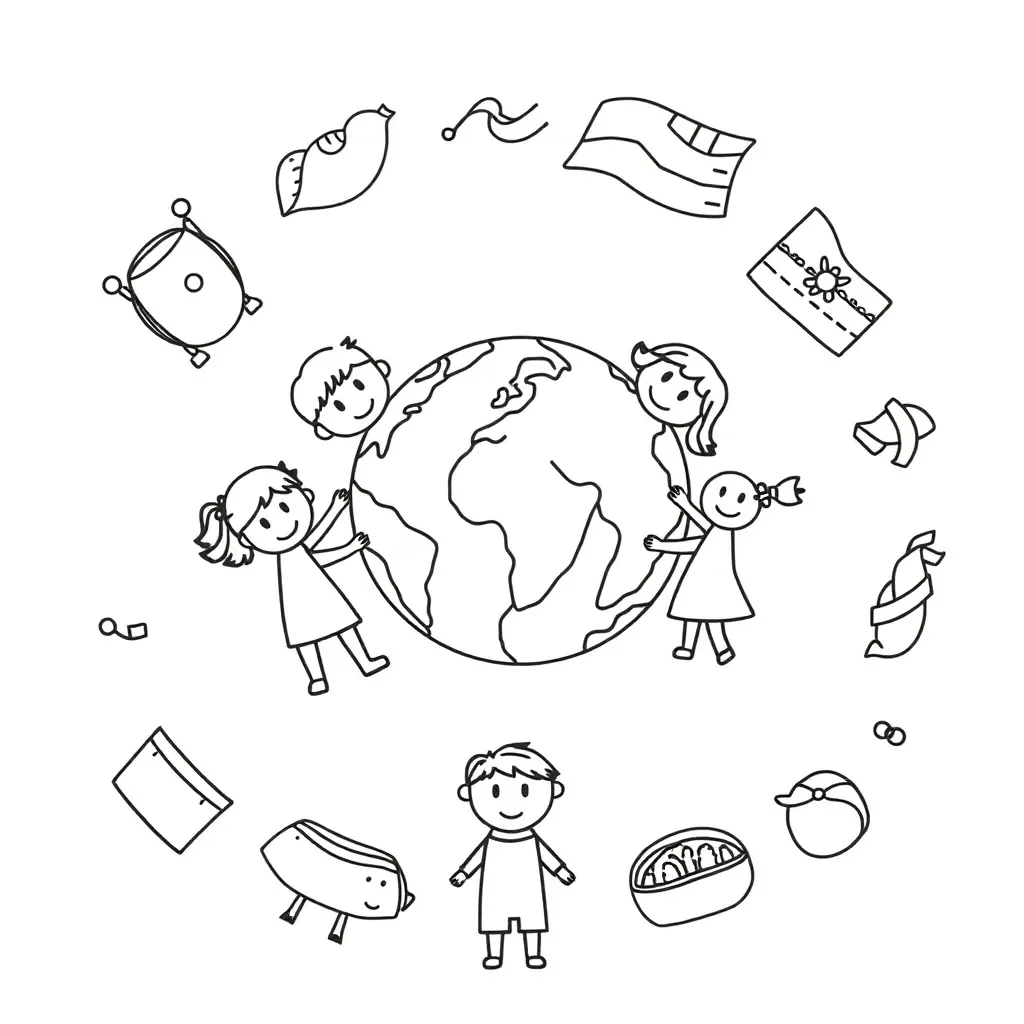 Cultural symbols and world map illustration