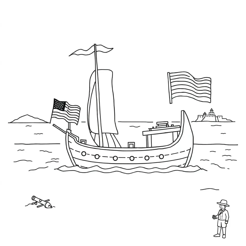 War of 1812 illustration with American flag and ships