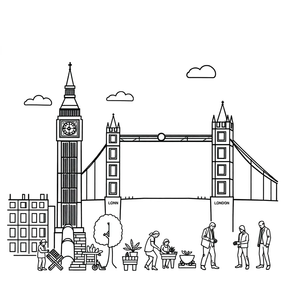 London during the Blitz showing damaged buildings and reconstruction efforts