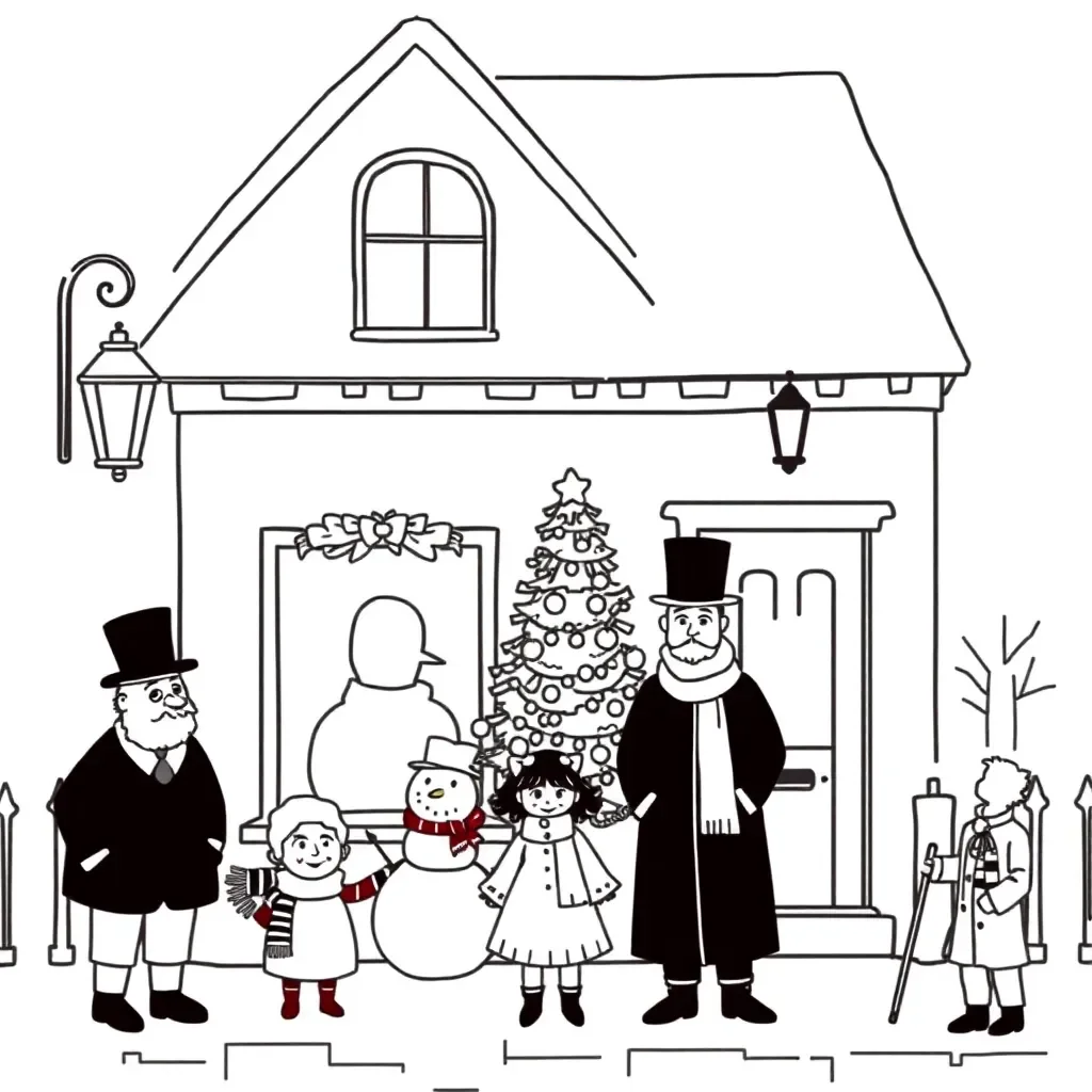 Victorian Christmas scene with characters from A Christmas Carol